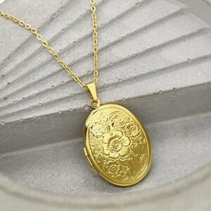 Gold Floral Design Oval Locket Necklace